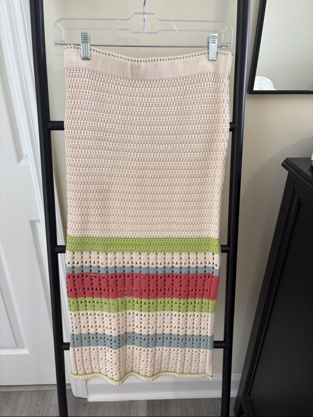 Free People Cream Midi Skirt with Green, Red & Blue Stripes